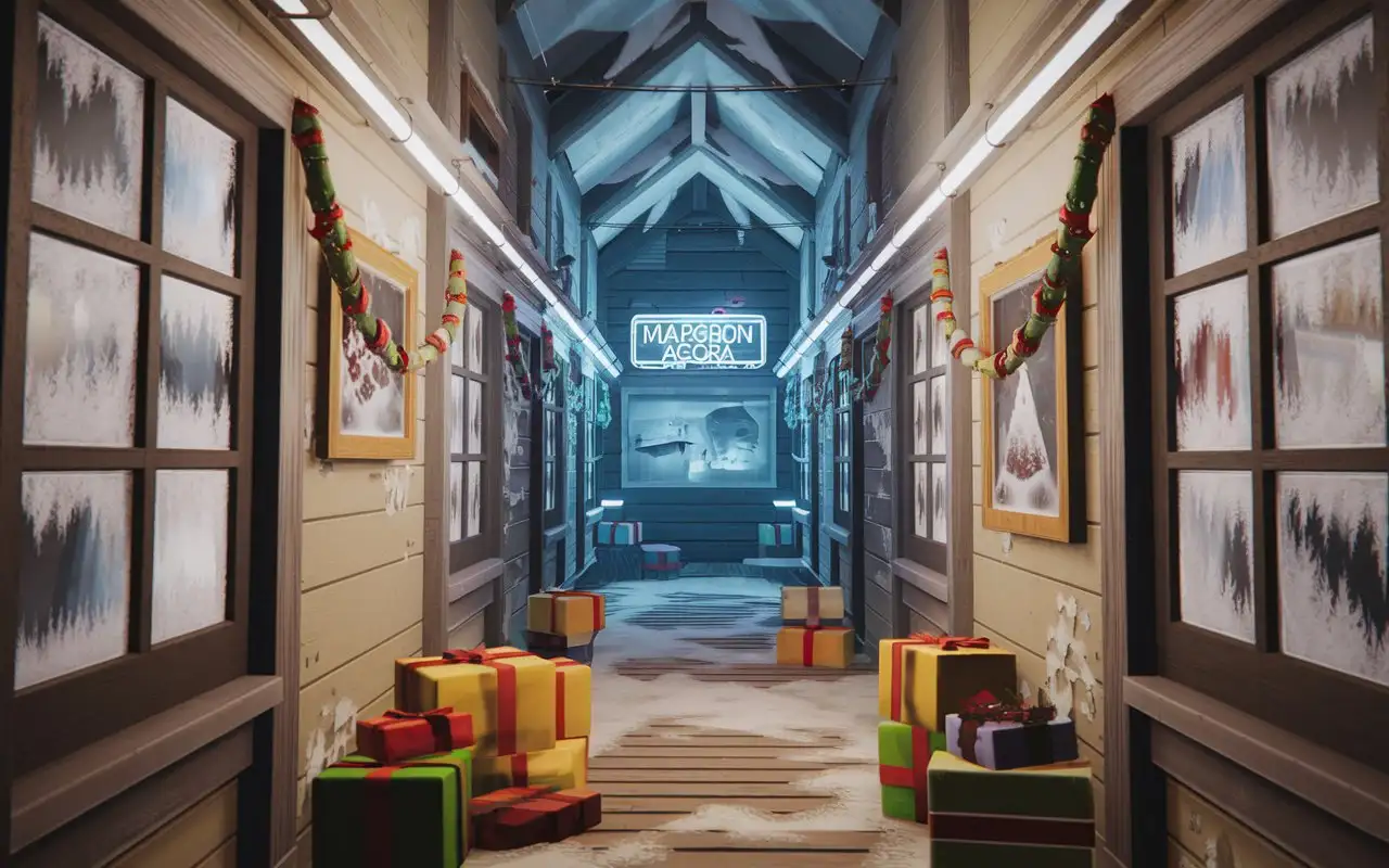 Cozy-New-Years-Gaming-Corridor-with-Gifts-and-Neon-Lighting