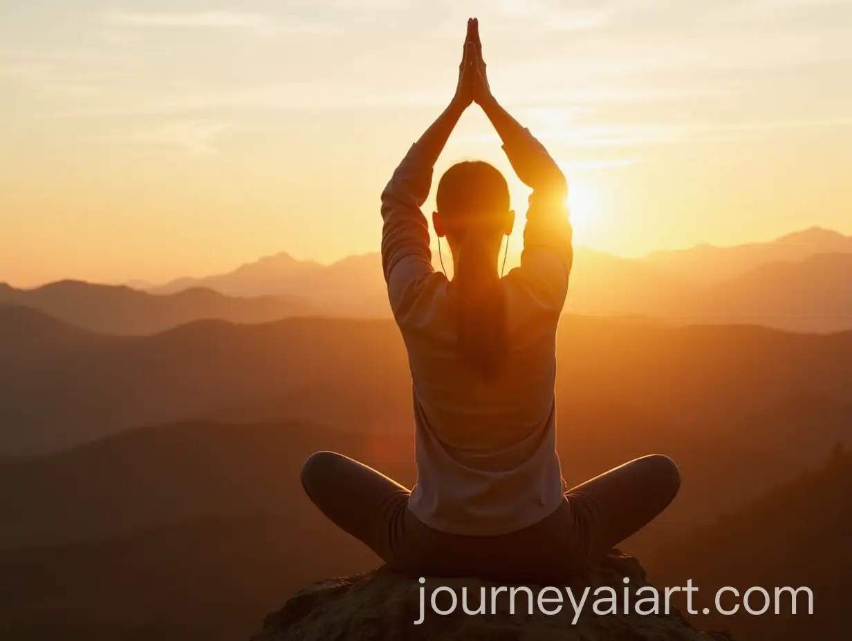 Woman-Practicing-Yoga-in-the-Mountains-at-Sunset-with-Earphones