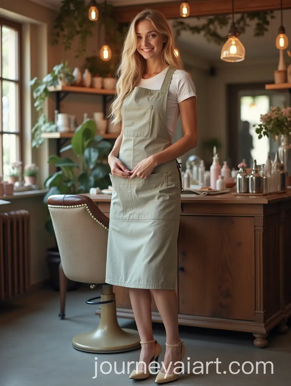 Smiling-Blonde-Nail-Master-in-Apron-and-High-Heels-with-Full-Body-Shot