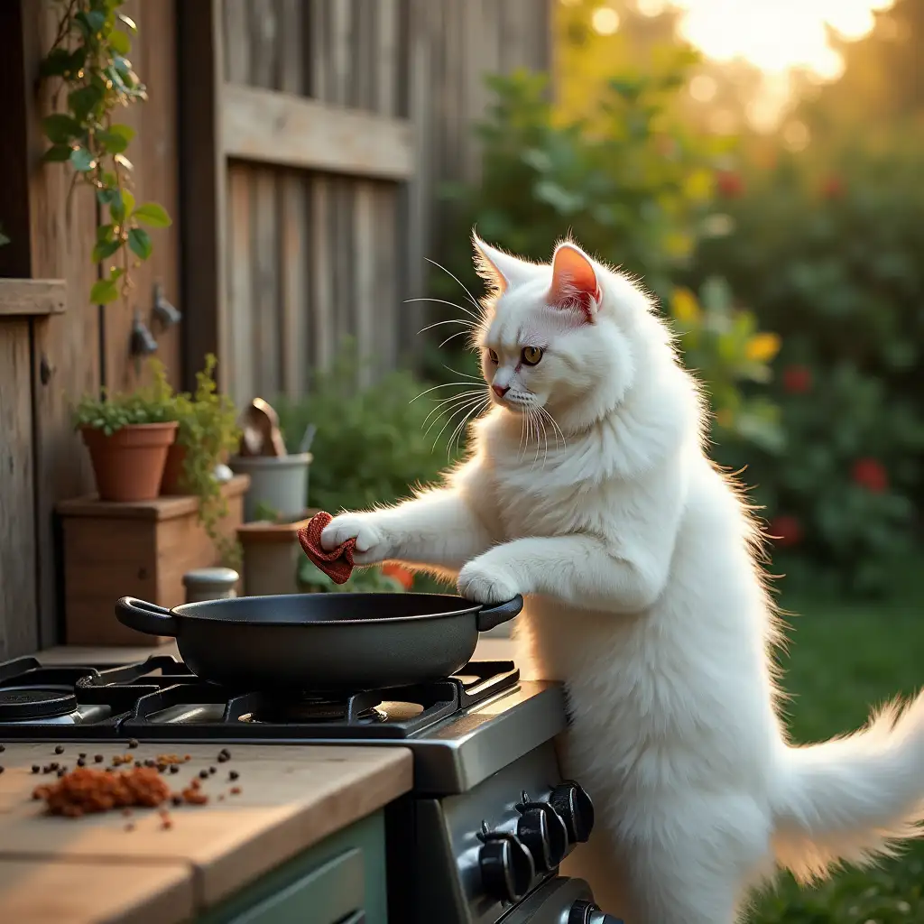 The fluffy white cat stands upright at the gas stove, wiping it clean with a small cloth. The skillet and other utensils are neatly arranged nearby, with the remains of scattered herbs and spices on the counter. The cat looks focused and slightly amused, its fluffy tail swishing gently as it works. The serene outdoor setting, surrounded by a rustic wooden fence and vibrant greenery, glows softly under the golden-hour light.