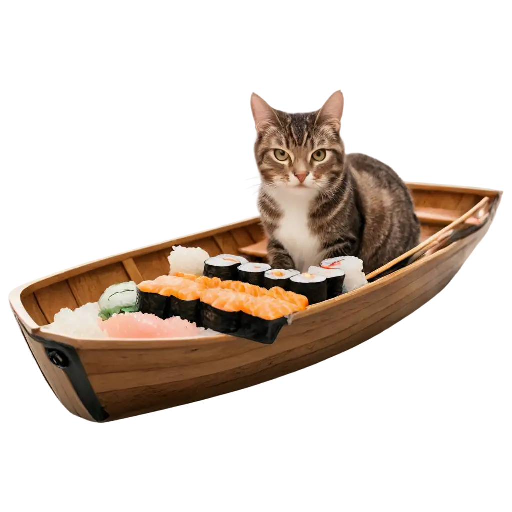 A cat eating sushi on a boat