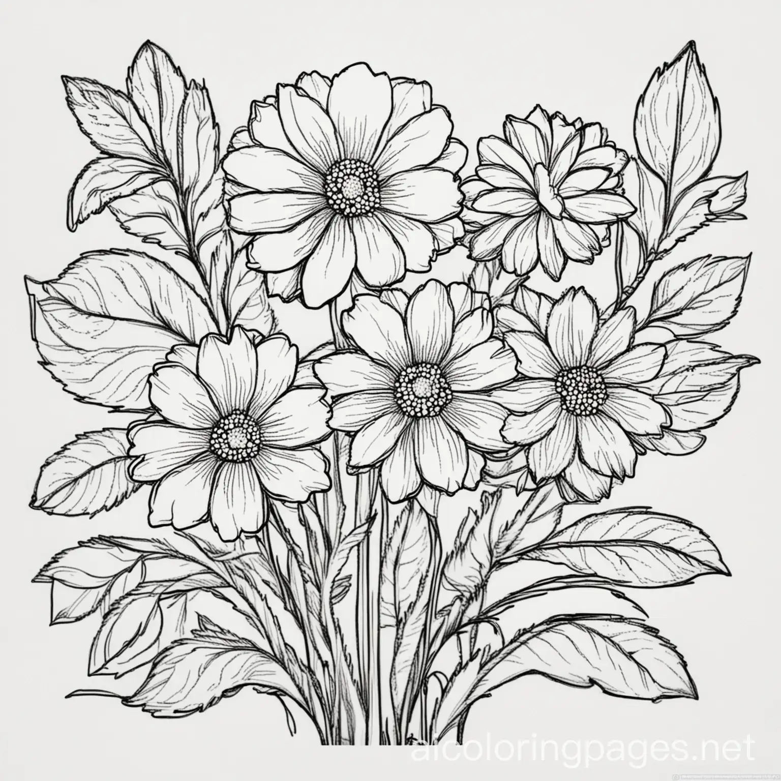 flowers, Coloring Page, black and white, line art, white background, Simplicity, Ample White Space. The background of the coloring page is plain white to make it easy for young children to color within the lines. The outlines of all the subjects are easy to distinguish, making it simple for kids to color without too much difficulty