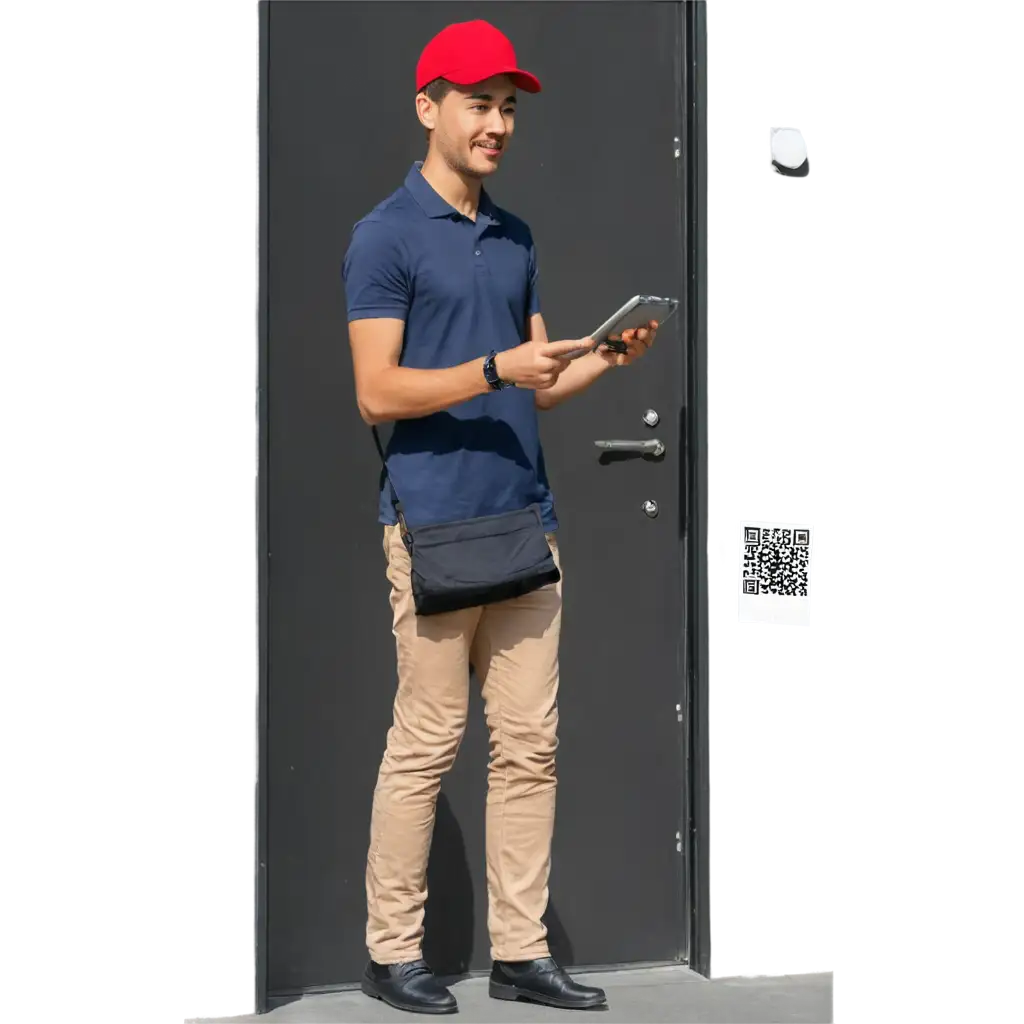 Delivery-Boy-Scanning-QR-Code-on-Door-HighQuality-PNG-Image-for-Enhanced-Clarity