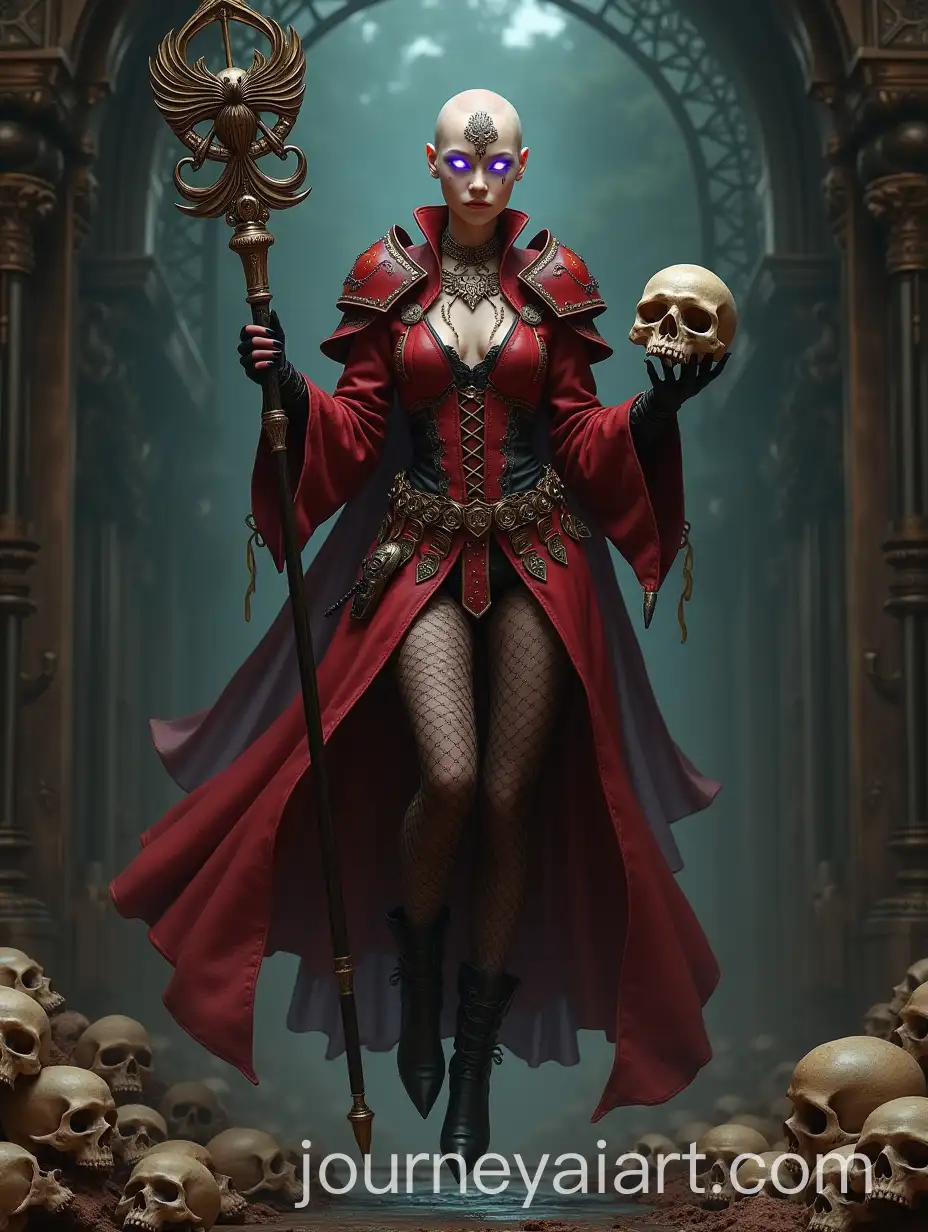 Levitating-Bald-Psyker-Girl-in-Red-Leather-Armor-with-Skull-and-Eye-Staff-in-Dark-Steampunk-Setting