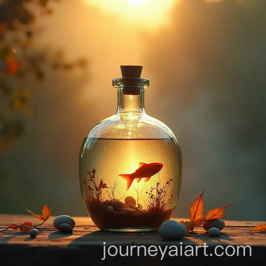 Serene-Sunrise-and-Graceful-Fish-in-a-Glass-Bottle-on-Rustic-Wooden-Surface
