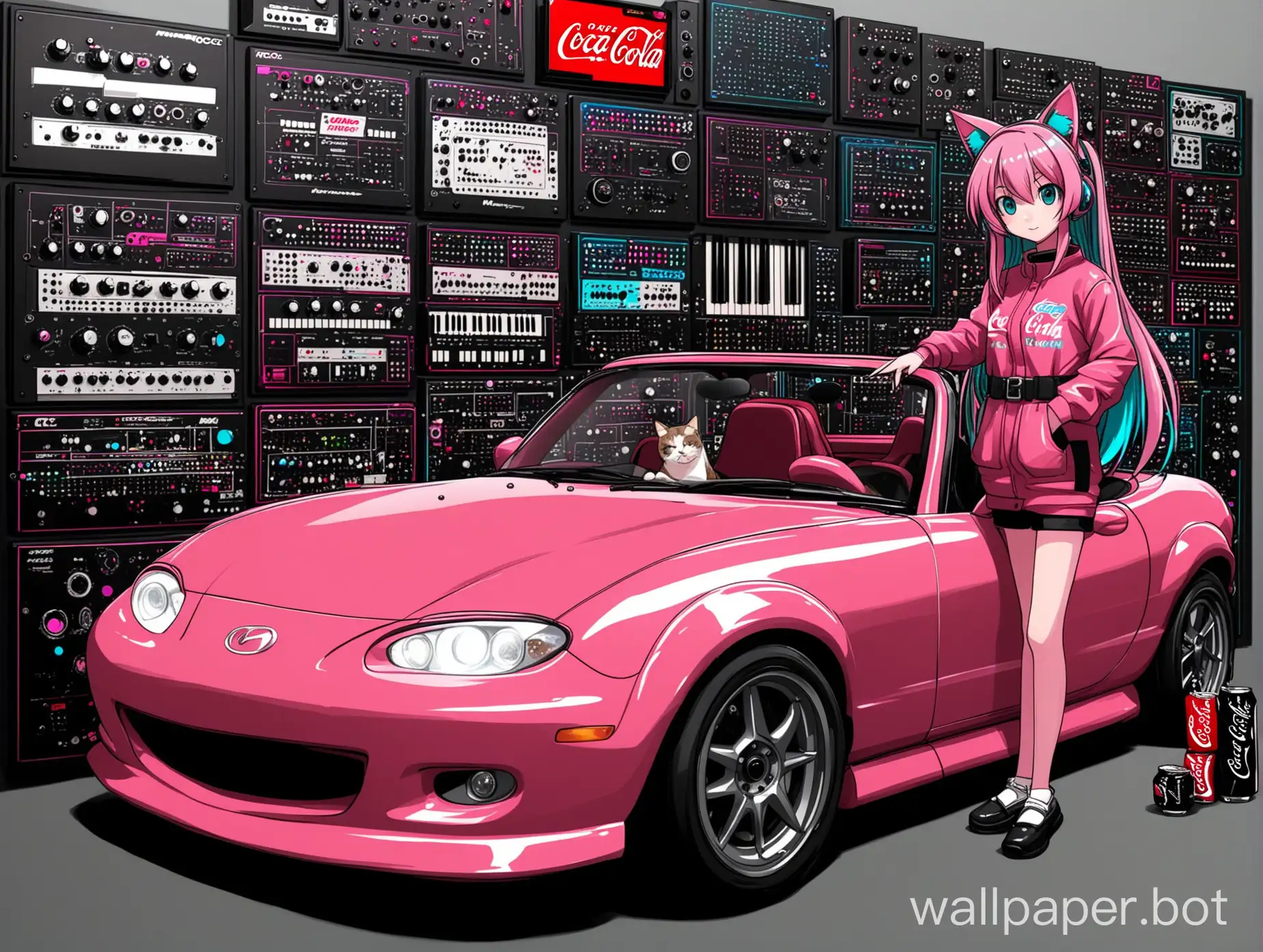 PINK hatusne miku in front of moog modular synthesizer wall and a mazda miata she also has cat ears and a cute coca cola jdm car outfit
