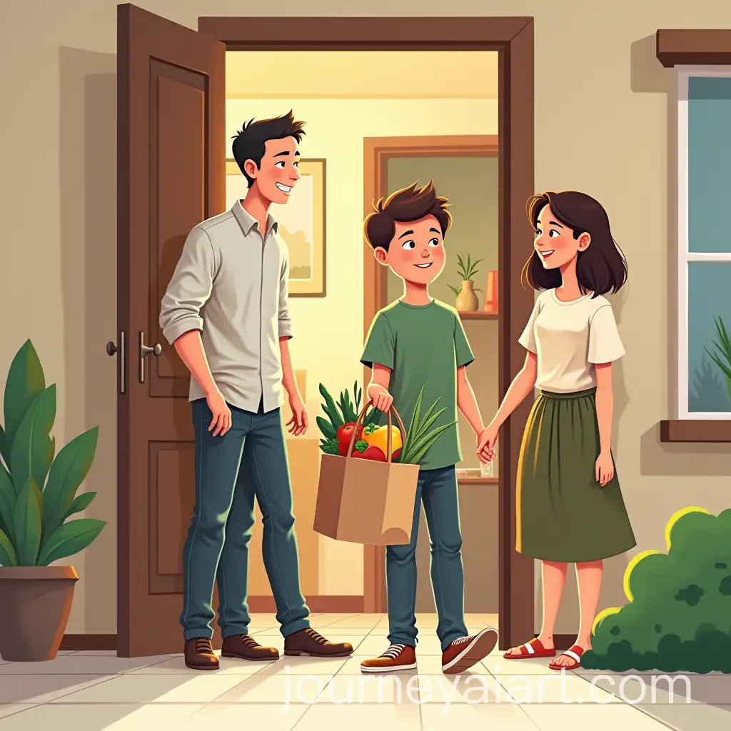 Middle-School-Boy-Returning-Home-with-Groceries-Parents-Proudly-Watching