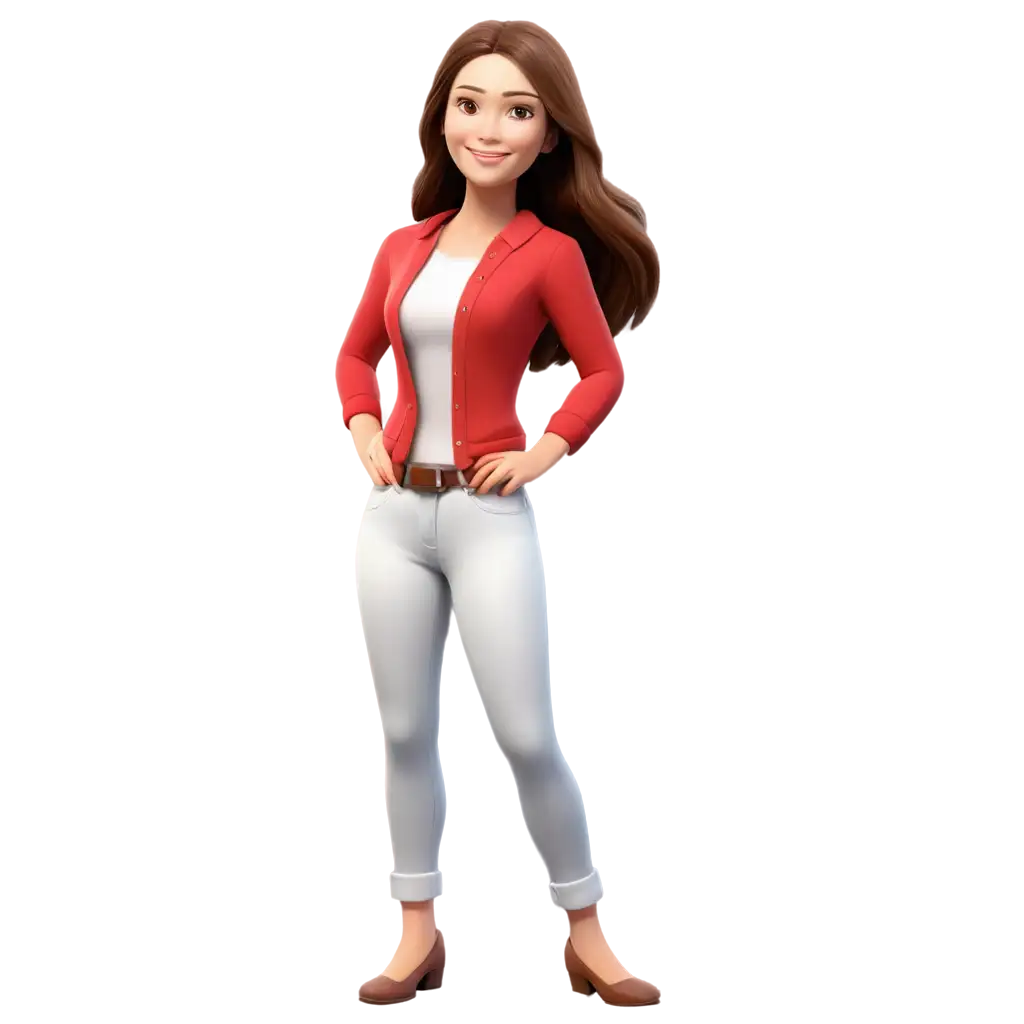 HighQuality-3D-Animated-AsianWhite-Woman-PNG-Image-with-Brown-Hair-Red-Sleeves-and-White-Jeans-for-Various-Creative-Uses