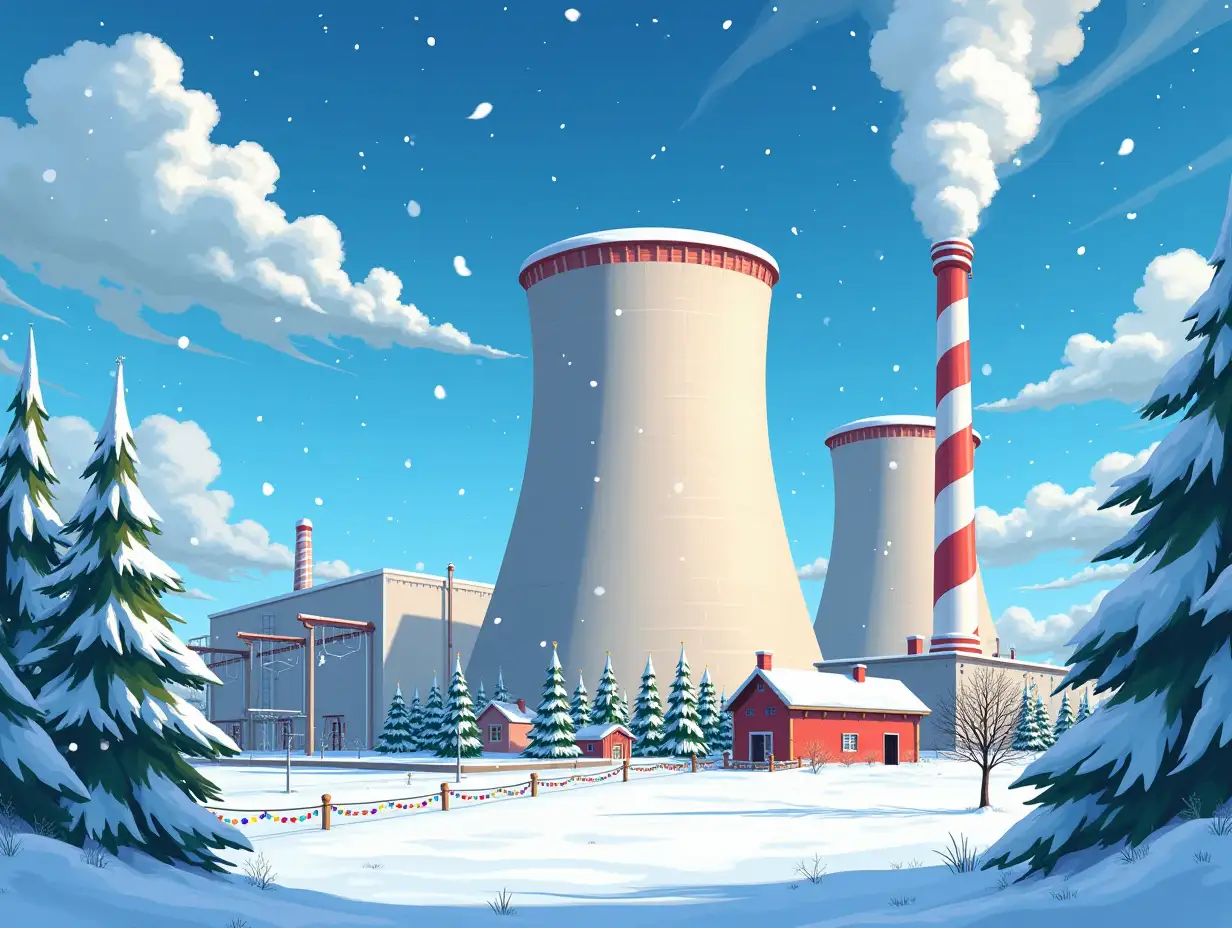 kawaii nuclear power plant in the atmosphere of Christmas, around snow, large snowflakes, festive fir trees and colorful garlands, paint in cartoon anime style