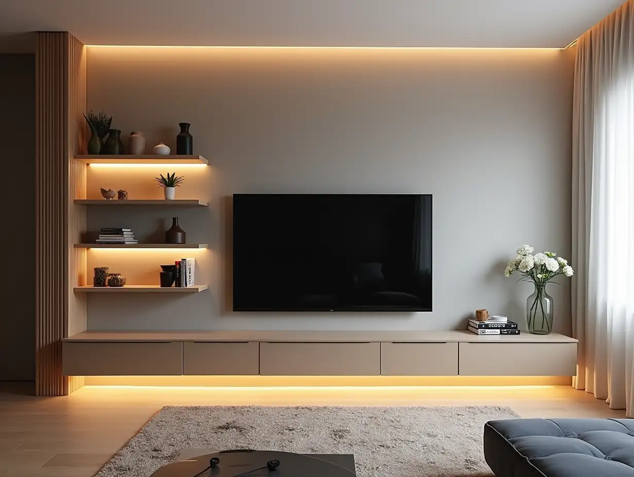 Interior of the living room, shelves on the wall, LED strip at the bottom