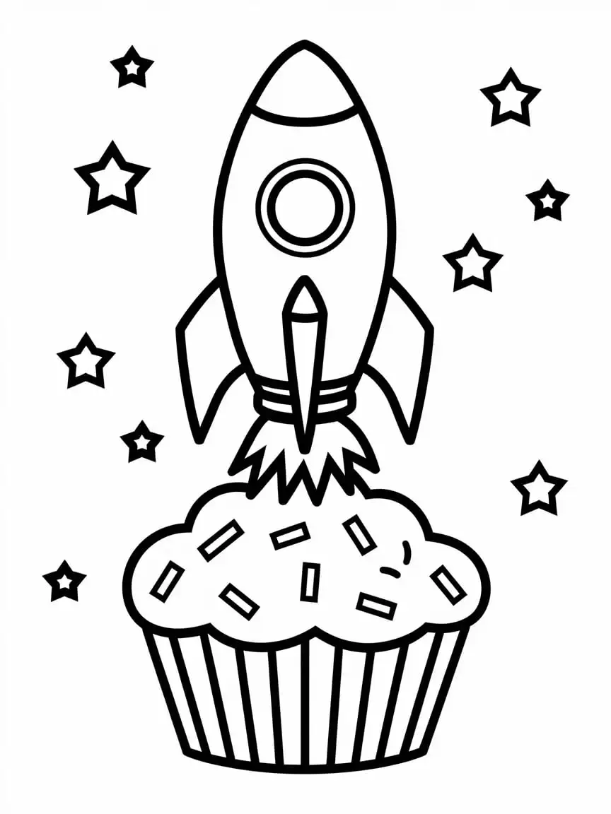 Cupcake Rocket Ship Adventure A Whimsical Coloring Page for Kids