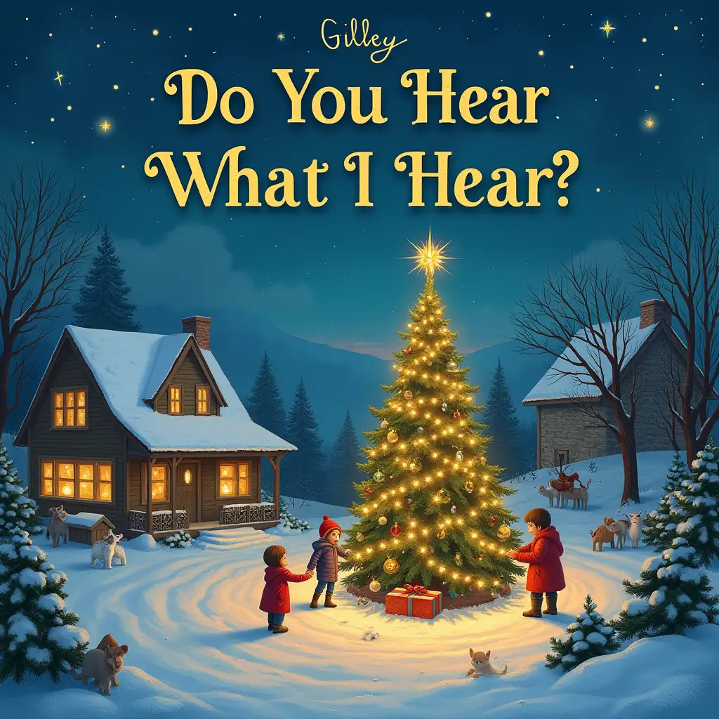 Design an album cover that captures the essence of joy, nostalgia, and timeless beauty, appealing to people aged 5 to 99. The cover art should feature a serene winter scene with a cozy, snow-covered village illuminated by warm, glowing lights. In the foreground, depict a family gathered around a beautifully decorated Christmas tree, sharing moments of love and togetherness. Incorporate subtle elements that evoke a sense of wonder and magic, such as twinkling stars in the night sky and gentle snowflakes falling. The title of the album, “Do You Hear What I Hear?” and the artist’s name, “Gilley,” should be prominently displayed in elegant, classic typography that complements the serene atmosphere. Ensure the design radiates warmth and invites viewers of all ages to feel the joy and love of the holiday season, making it a classic album cover that will be cherished for generations.