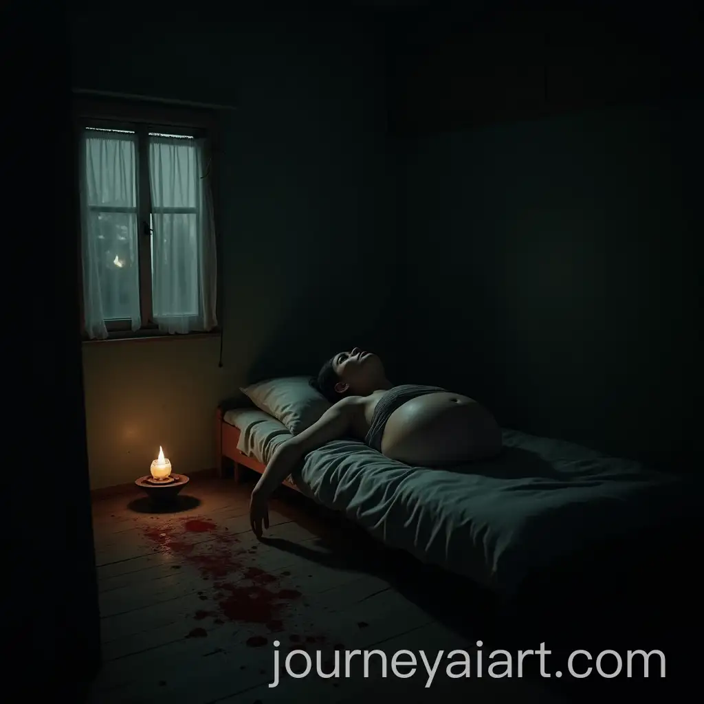 Pregnant-Woman-in-Eerie-Village-House-at-Night-with-Dried-Blood-and-Fearful-Atmosphere