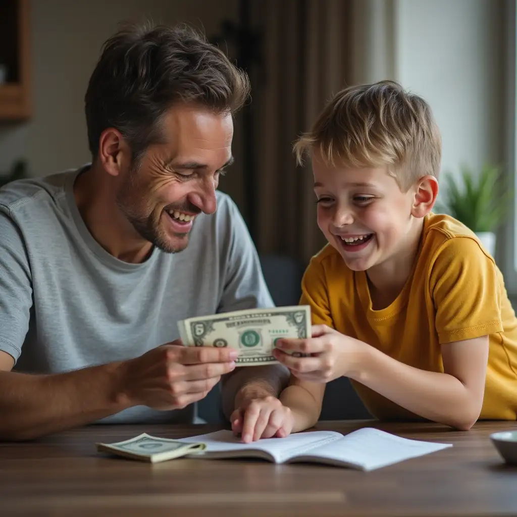 father giving money to son