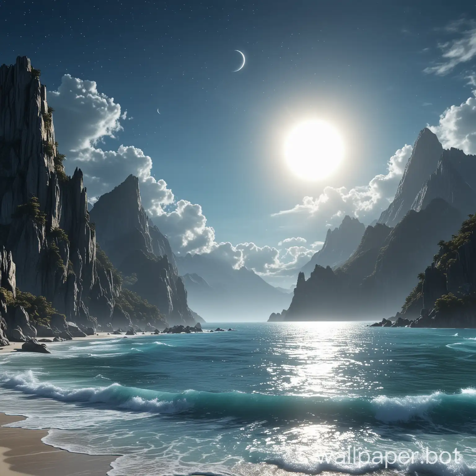 fantasy paysage with sun and moon with blue light and some sea and mountain 4k