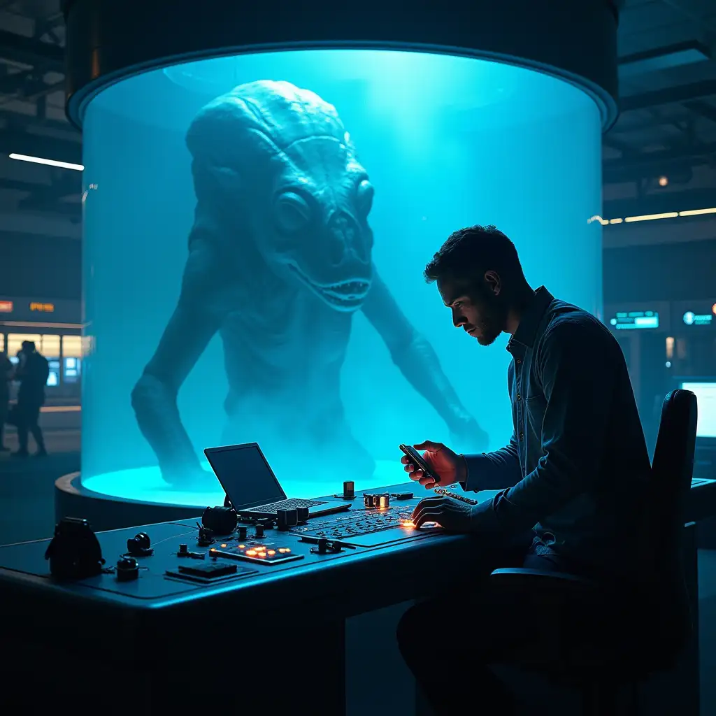 A hyper-realistic, highly exaggerated, ultra-high-definition depiction of a secret NASA laboratory. The scene captures the intense moment when ex-employee Ronald Munich covertly records with a small handheld camera. Munich is depicted with a tense expression, crouching behind a futuristic control panel, illuminated by the eerie blue glow of alien containment tanks in the background. The lab is filled with high-tech equipment, holographic displays, and mysterious shadows, suggesting hidden truths. In the center of the frame, a massive glass tank contains a colossal creature partially obscured by swirling mist, adding a sense of awe and dread. The atmosphere is charged with suspense and danger, highlighting the gravity of Munich's daring action.