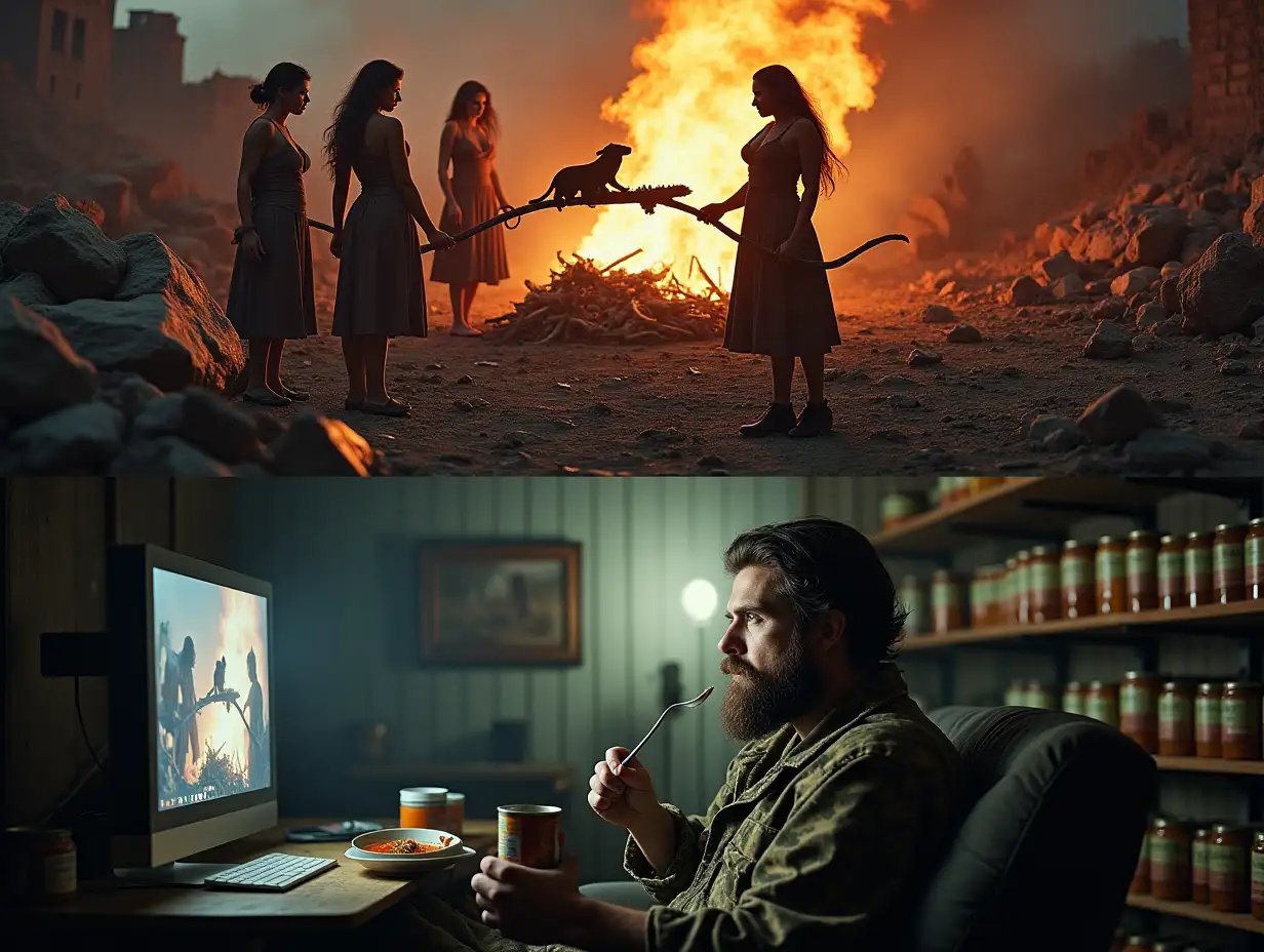 The user prompt: A picture divided horizontally into two parts. At the top, on the ground amidst ruins, a group of three glamorous women in rags, with roasting a rat on a spit over a fire. At the bottom, from a bunker, a bearded man in camouflage sits on a couch, watching this scene with interest on a monitor screen, eating soup from a can with a spoon. Along the walls of the bunker are shelves with rows of cans of preserves.