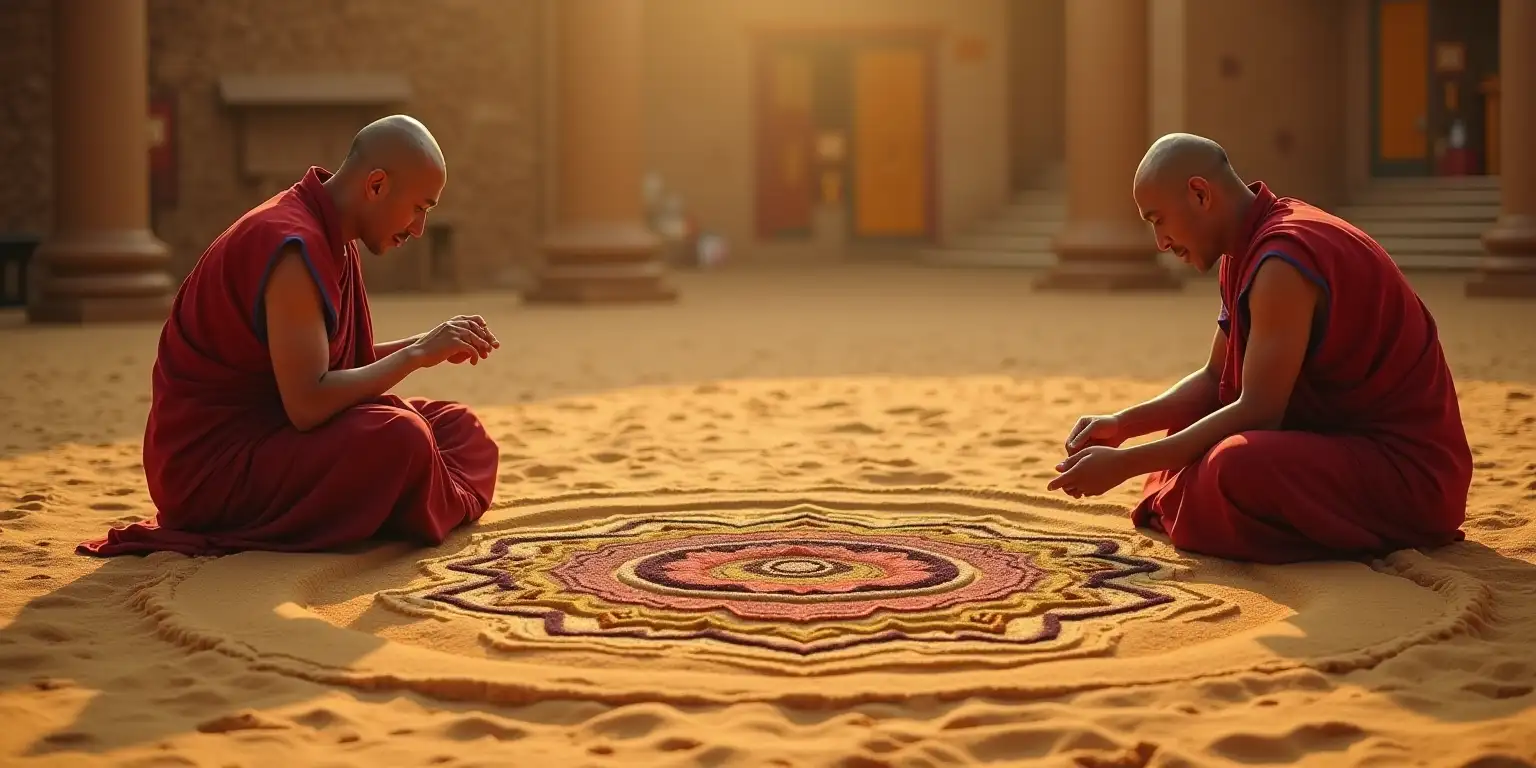 Two Monks Creating a Hyperrealistic Sand Mandala in Tibet