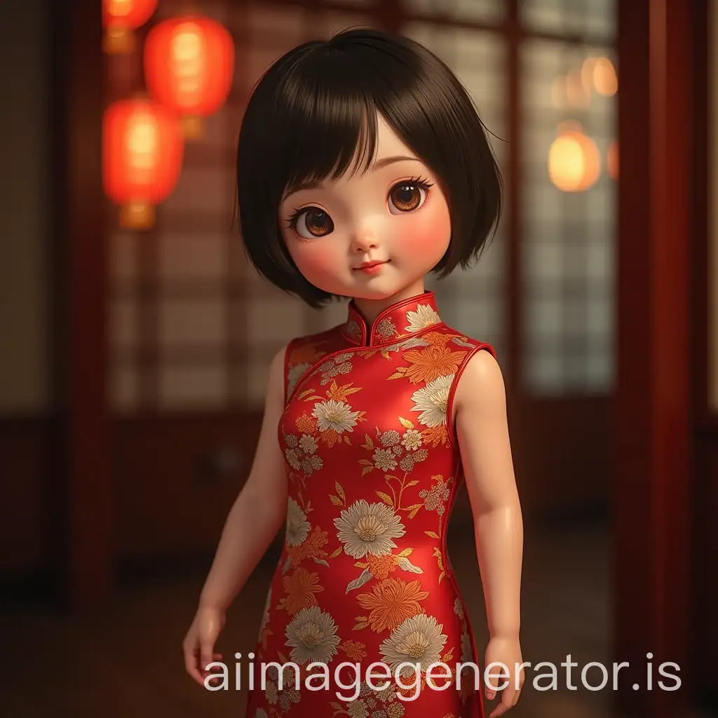 full-body cheongsam, big eyes, round face, short hair, full body photo, evening glow