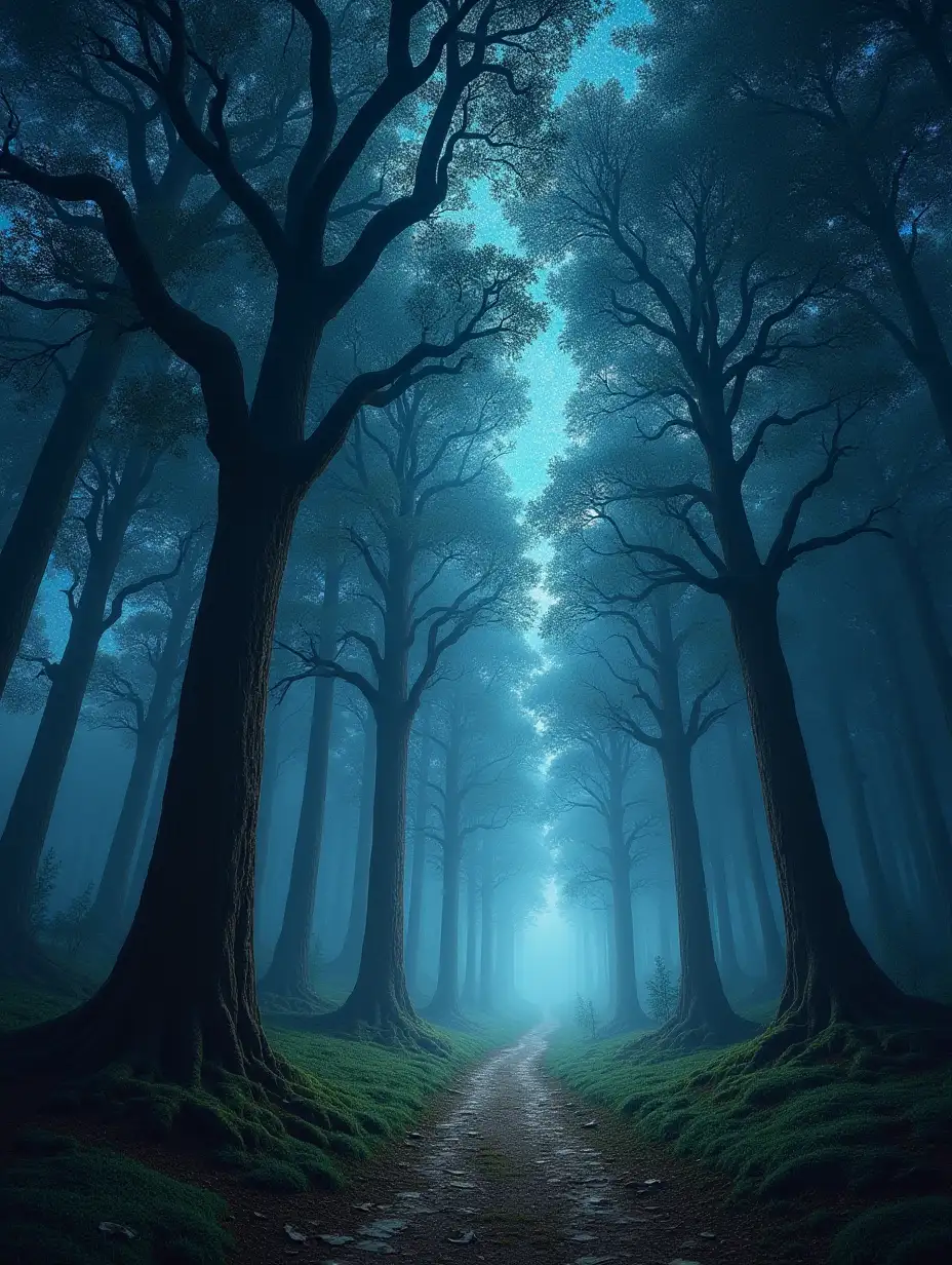 In the enchanted night forest, magic and dreams are intertwined with the towering trees. The hearts of the forest hold the hopes and aspirations of all who enter. This striking image, reminiscent of the style seen in 'The Lord of the Rings,' transports viewers to a realm of fantasy and wonder. Each tree stands tall and majestic, their branches reaching for the starlit sky. The scene is imbued with a sense of mystery and ancient power, captured with exquisite detail and vivid colors. The overall quality of the image is truly breathtaking, inviting viewers to immerse themselves in this mystical world.