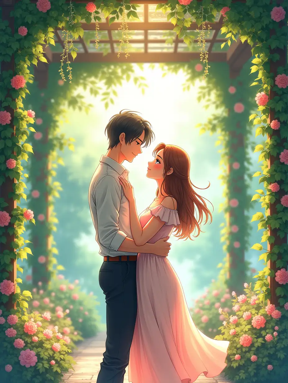 An anime-style illustration of a romantic couple standing in a serene garden under a glass and wooden pergola adorned with vibrant flowering vines. The man is a handsome adult with well-defined features, short stylish hair, wearing a fitted shirt with sleeves rolled up and trousers, exuding charm and confidence. The woman is a beautiful young lady with flowing hair, delicate features, and a radiant smile, wearing an elegant summer dress that complements her graceful personality. She places her hands gently on his shoulders, while he holds her waist, both sharing a loving gaze. The garden is lush with greenery, colorful flowers, and soft sunlight filtering through the pergola, creating a dreamy atmosphere. The overall vibe is romantic and heartwarming, capturing the couple's intimate moment. The art style should resemble high-quality anime, with intricate details, soft lighting, and a magical, captivating ambiance similar to the given reference.