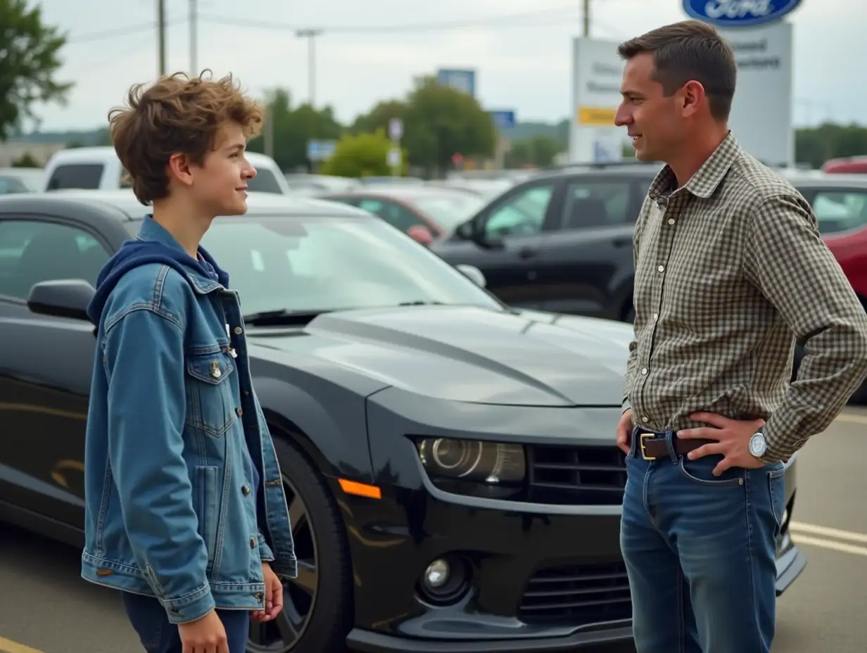 sixteen-year-old high school student standing at a car dealership arguing with a salesman infront of a used Camaro with worn thin tires and dents on left front fender