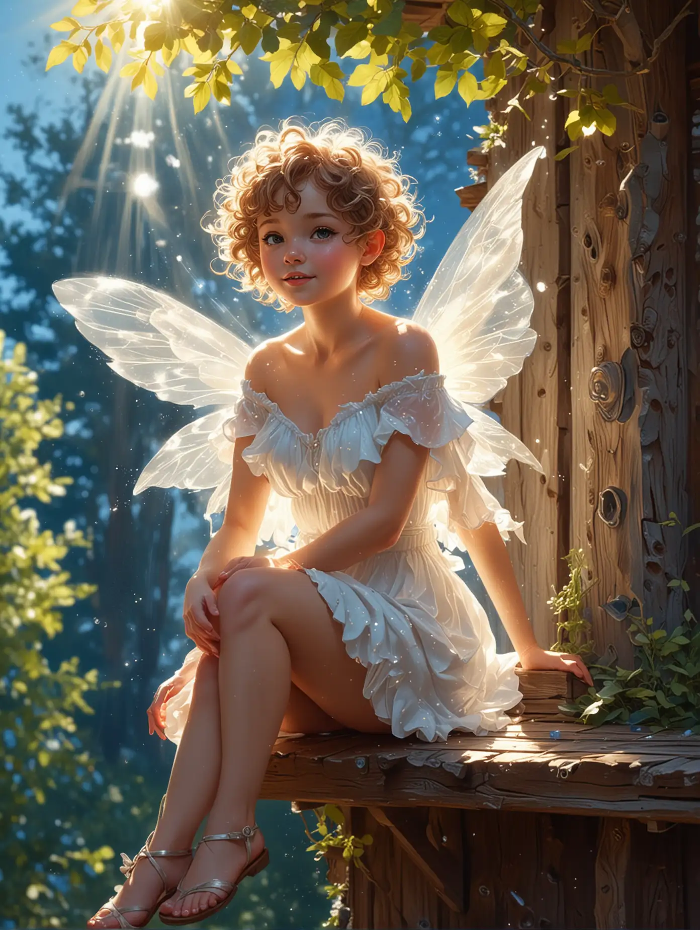 modern digital art illustration, acrylique, An adorable Cupid fairy with short curly hair, glowing white dress, she is sitting in a wooden cabin perched in a tree, the weather is bright sunshine with amazing raytracing at blue sky