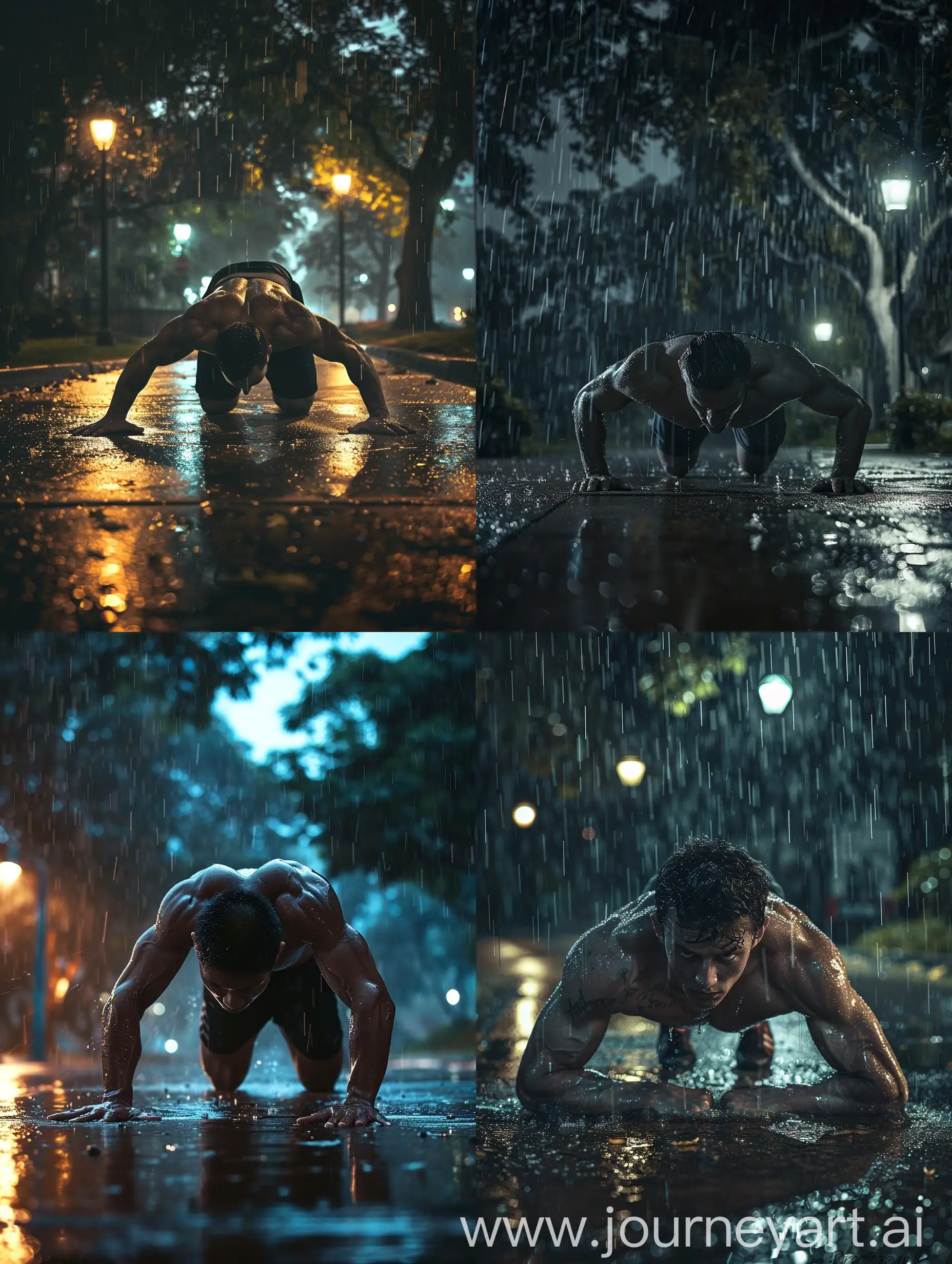 Night-Workout-in-Rainy-Park-Man-Doing-PushUps-in-Dramatic-Scene