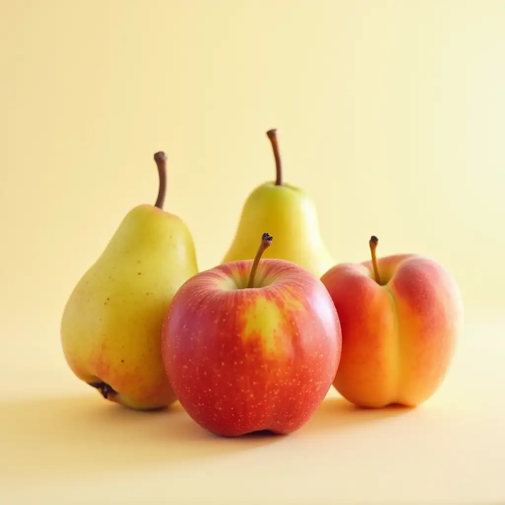 harmony of fruits with apple, pear and peach, natural source of vitamin E, light background, cold light, advertising photography, subject photography