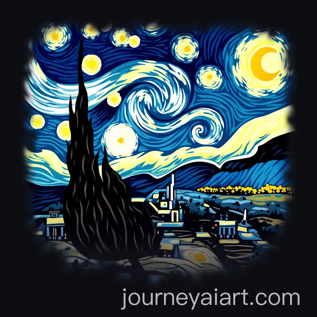 Starry-Night-TShirt-Design-with-Swirling-Sky-and-Village-Silhouette