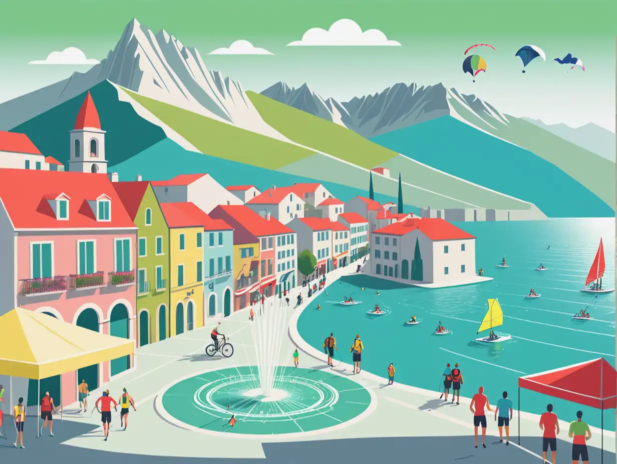 simple vector drawing of an European city showing streets with a fountain, with low carbon sea activities like sailing, swimming in the foreground and mountains hikers and paragliding in the background. Use pastel colors like green, red, blue and yellow