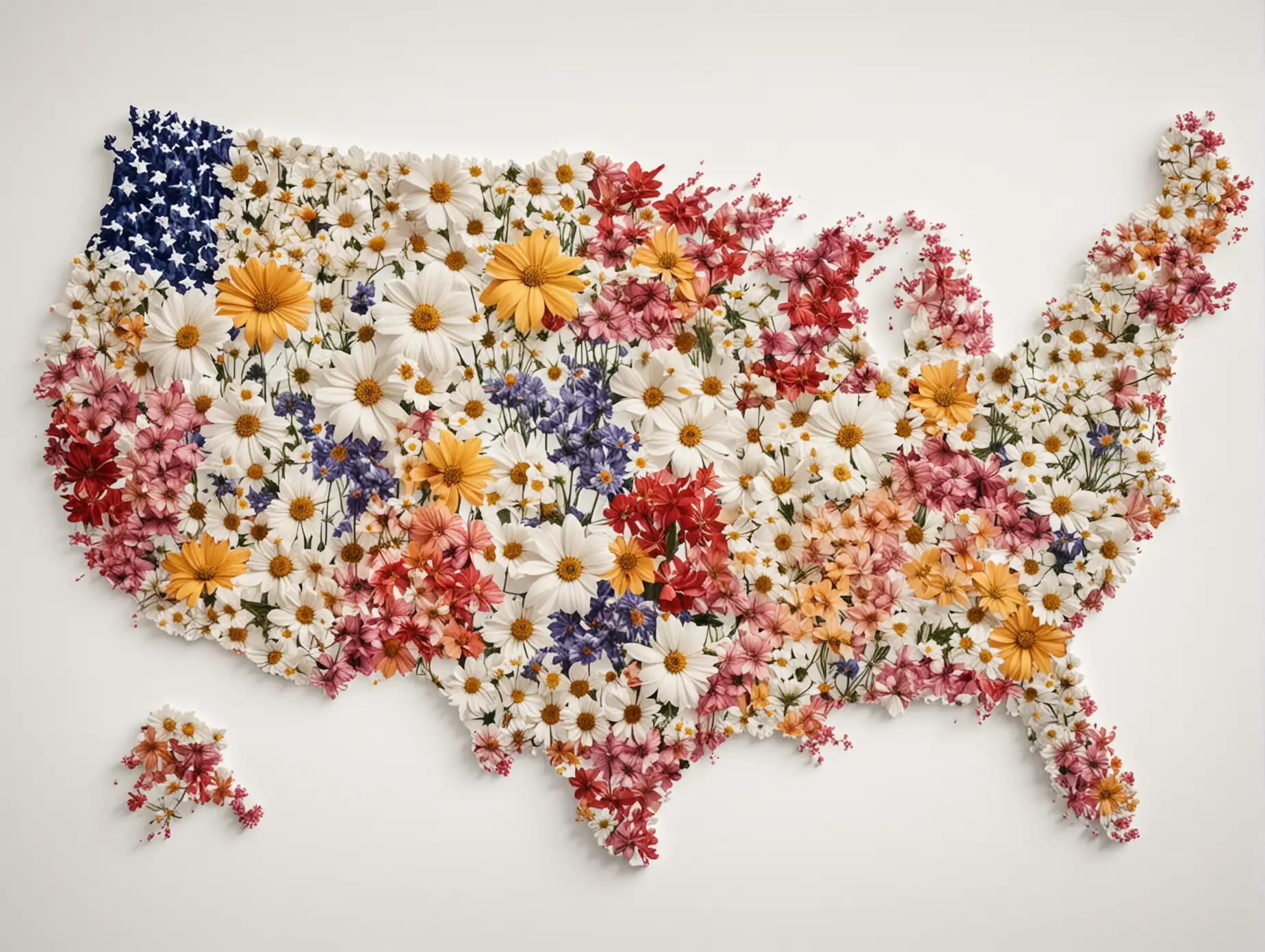 United States Map Filled with Small Flower Images on Pure White Background