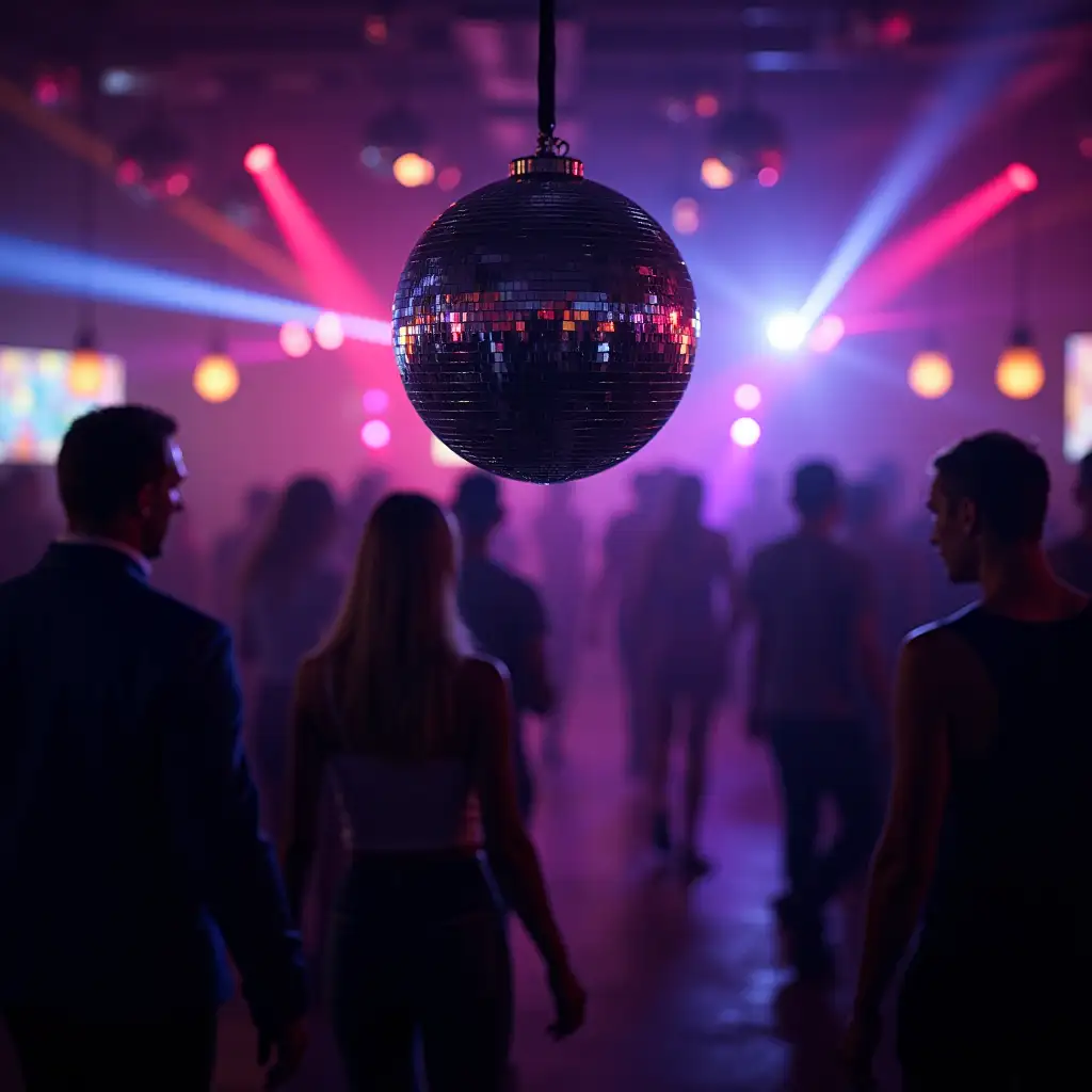 Shiny disco ball sparkling in the foreground of a dark nightclub with neon and fluorescent lights in the background