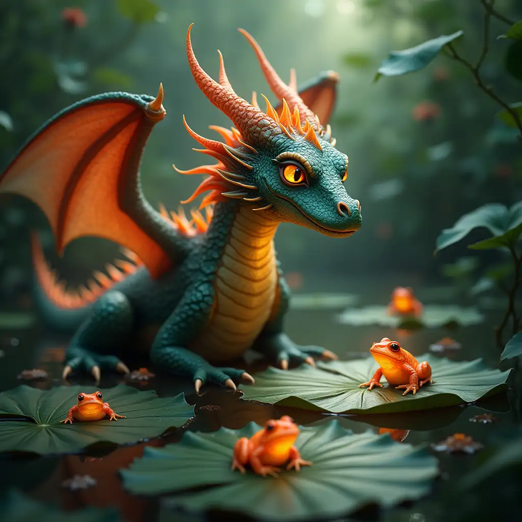 ultradetailed hyperrealistic portrait of a dragon, who is very beautiful and comes from the fire, and the place around him is a jungle with glowing frogs on a big lily pad in a pond