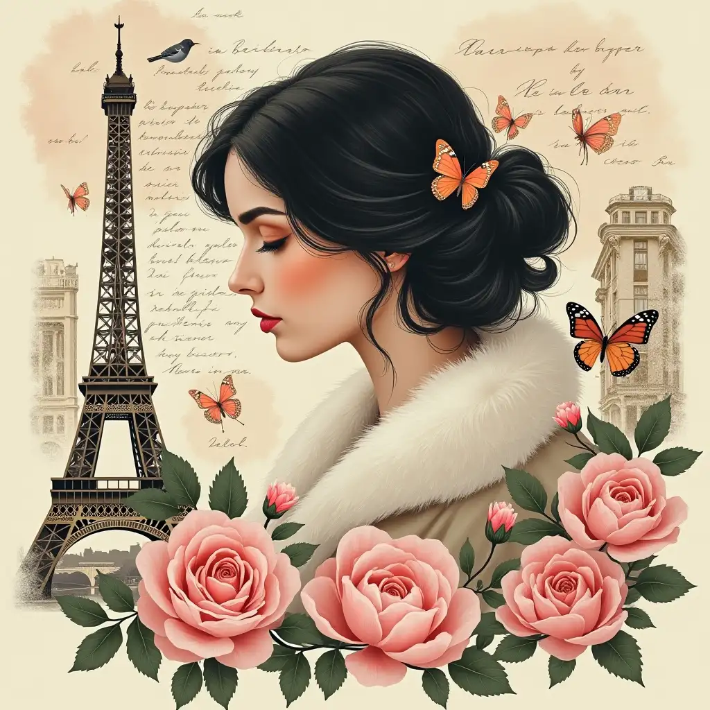 A serene, artistic composition featuring a profile of a woman with dark hair, wearing a fur collar. She is surrounded by blooming flowers in soft pinks and whites, with delicate details. The background includes the Eiffel Tower, a butterfly, and a small bird, alongside faded, handwritten text and architectural elements. The overall color palette is soft and muted, creating a dreamy, romantic atmosphere. romanticism artwork, dreamy art, exquisite digital illustration, mixed media style illustration, artistic illustration, very very beautiful art, modern european ink painting