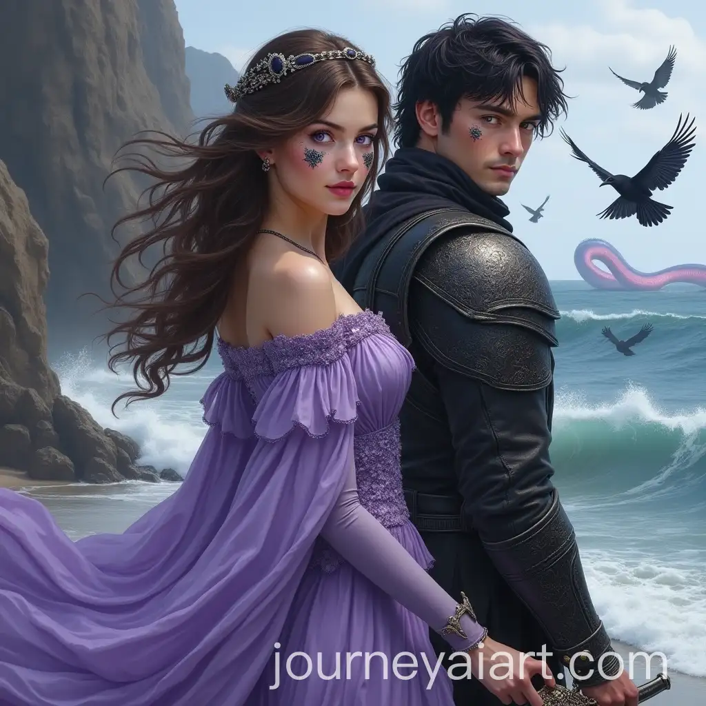 High-Fantasy-Portrait-Young-Woman-with-Purple-Eyes-and-Blood-Magic-and-Rugged-Man-with-Sword-in-Kingdom-of-Crows