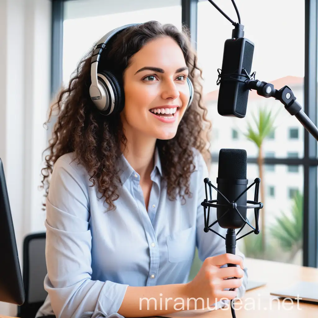 Professional Woman Recording Podcast in Modern Office