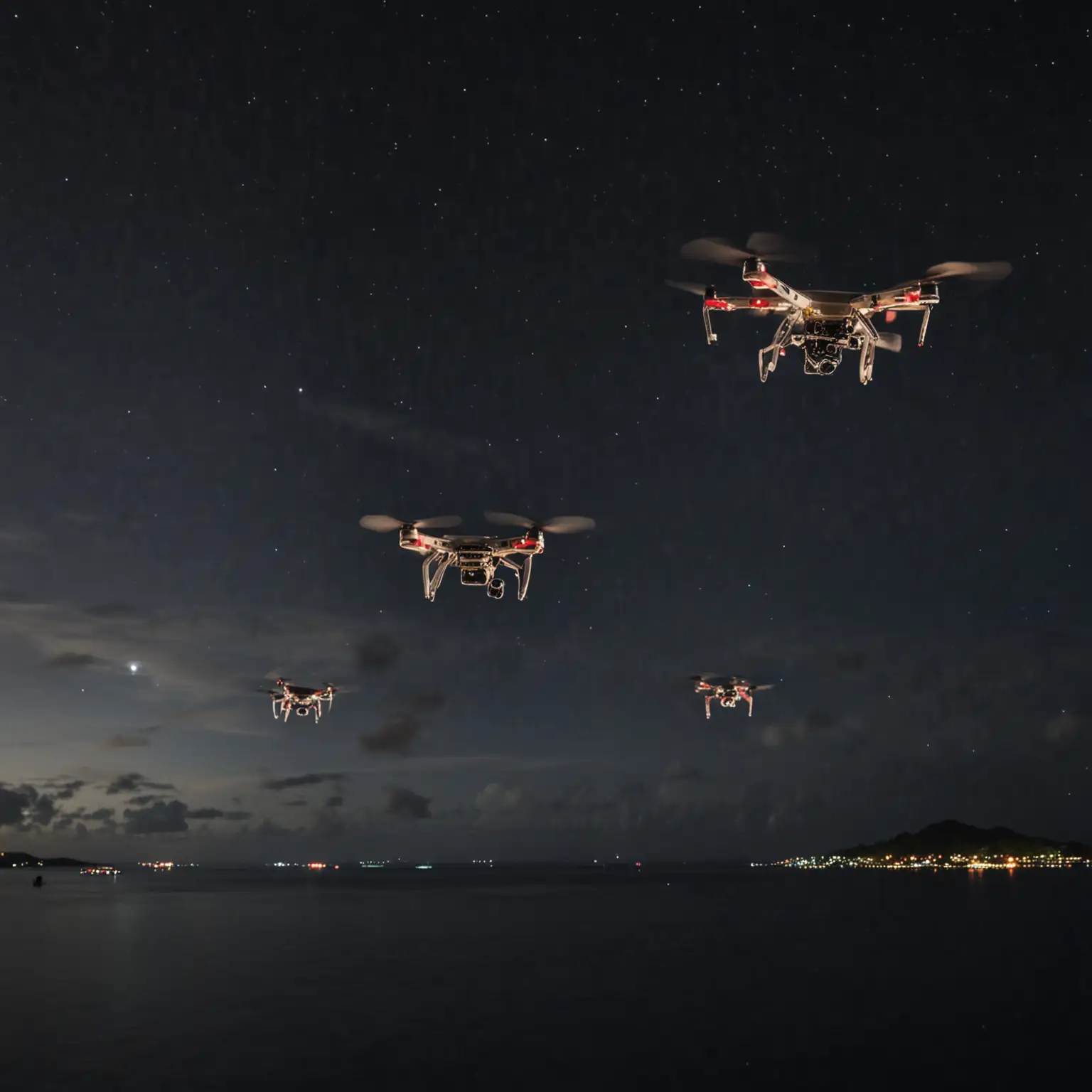 Several drones carrying cargo fly over the islands of Indonesia. At night.