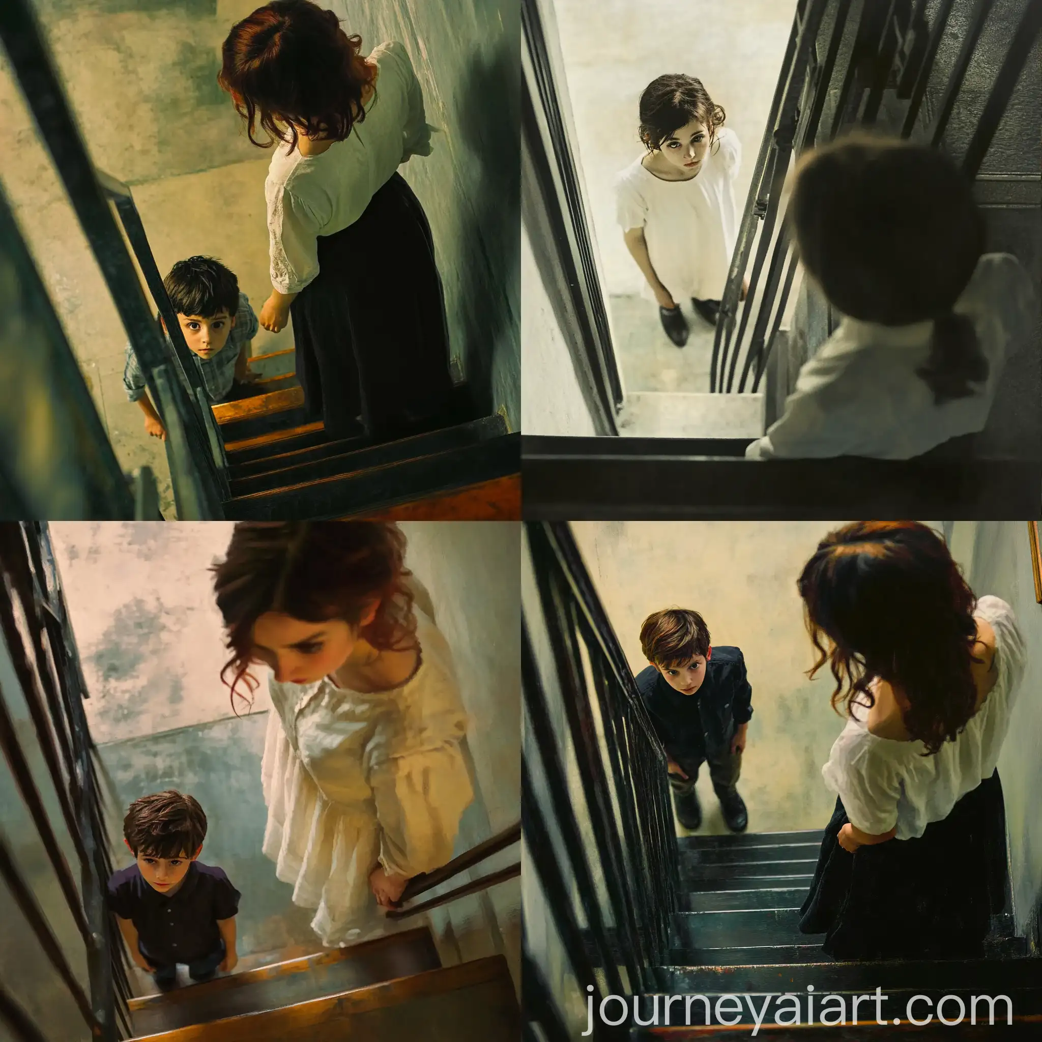 Girl-Looking-Down-at-Boy-Through-Stairway