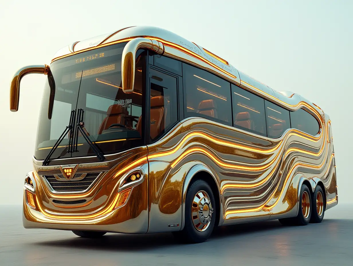 A super modern bus with a ten-story high gold and silver striped design with chrome wheels Cyberpunk