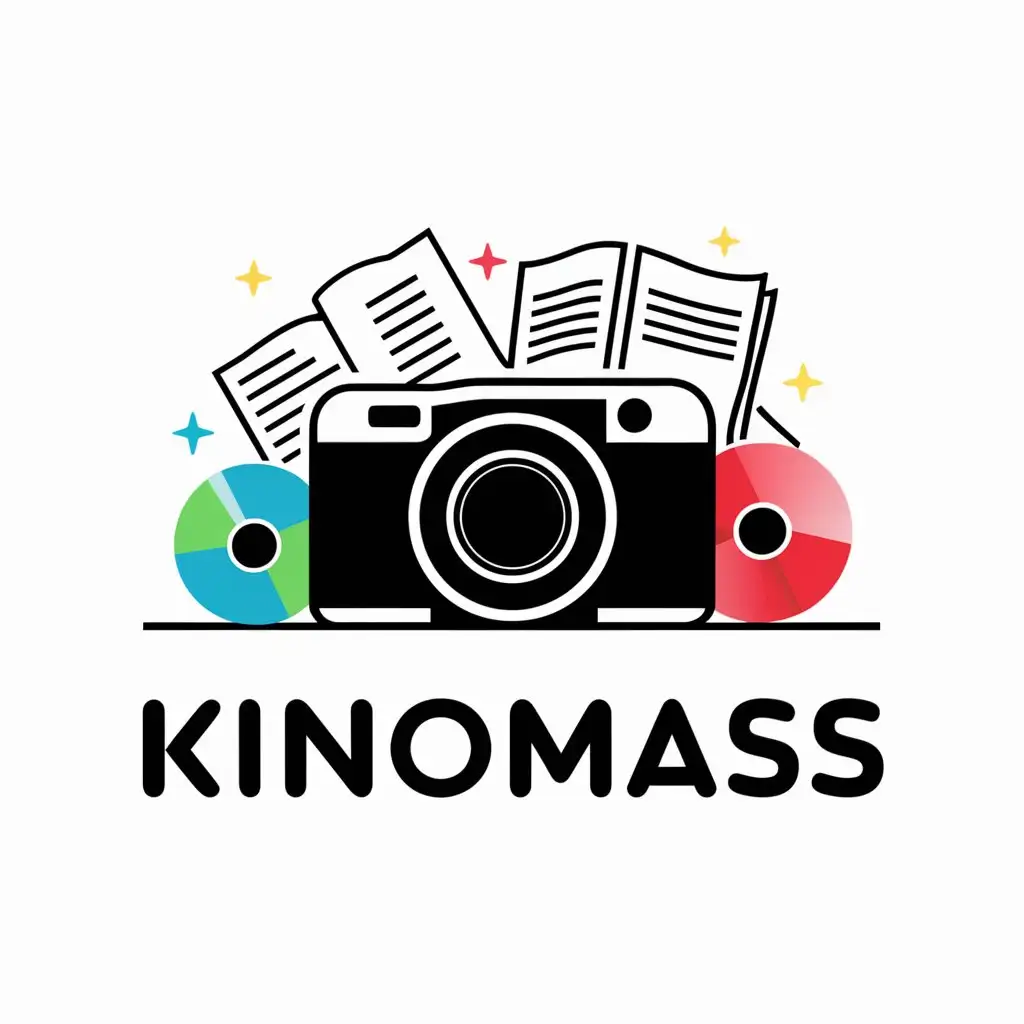 a vector logo design,with the text "KinoMass", main symbol:Camera, books, music CDs, notes,Moderate,be used in Entertainment industry,clear background