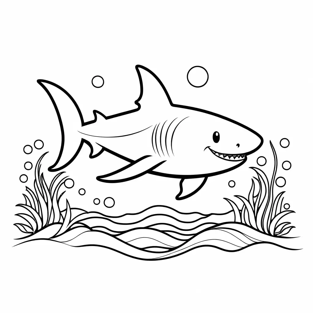 happy shark, Coloring Page, black and white, line art, white background, Simplicity, Ample White Space. The background of the coloring page is plain white to make it easy for young children to color within the lines. The outlines of all the subjects are easy to distinguish, making it simple for kids to color without too much difficulty