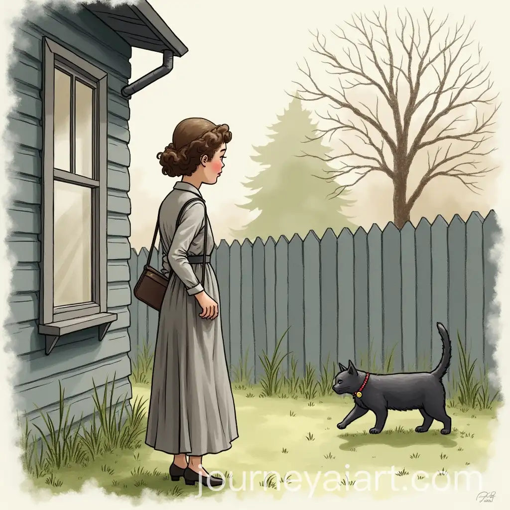 1920s-Lady-Watching-a-Gray-Cat-on-aAI-Art-Prompt-Expansion-Fence-in-Watercolor