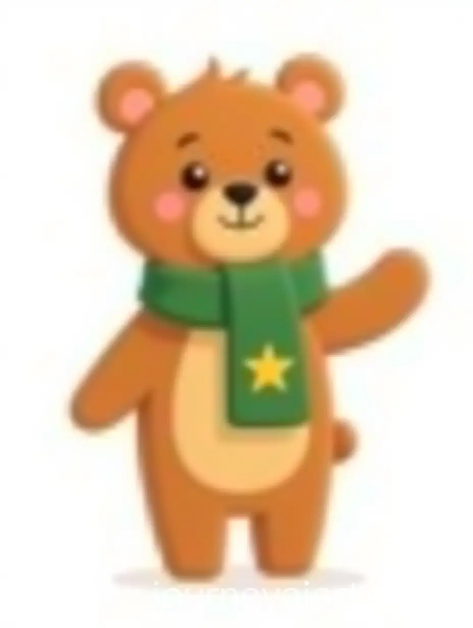 Cute-Cartoon-Brown-Bear-with-Green-Scarf-Waving-in-Childrens-Book-Style