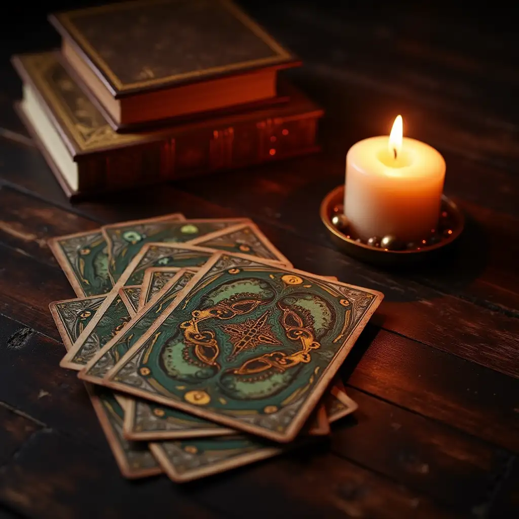 image for my faal profile please, with tarot cards in it and a candle next to it