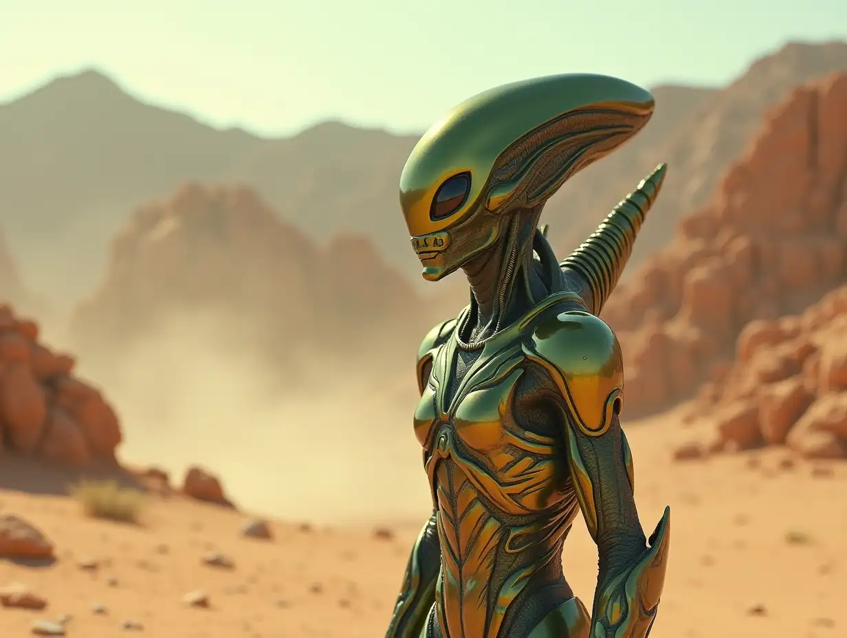 Alien with a green-gold Iron-Man suit in the stony desert landscape of ground dusts