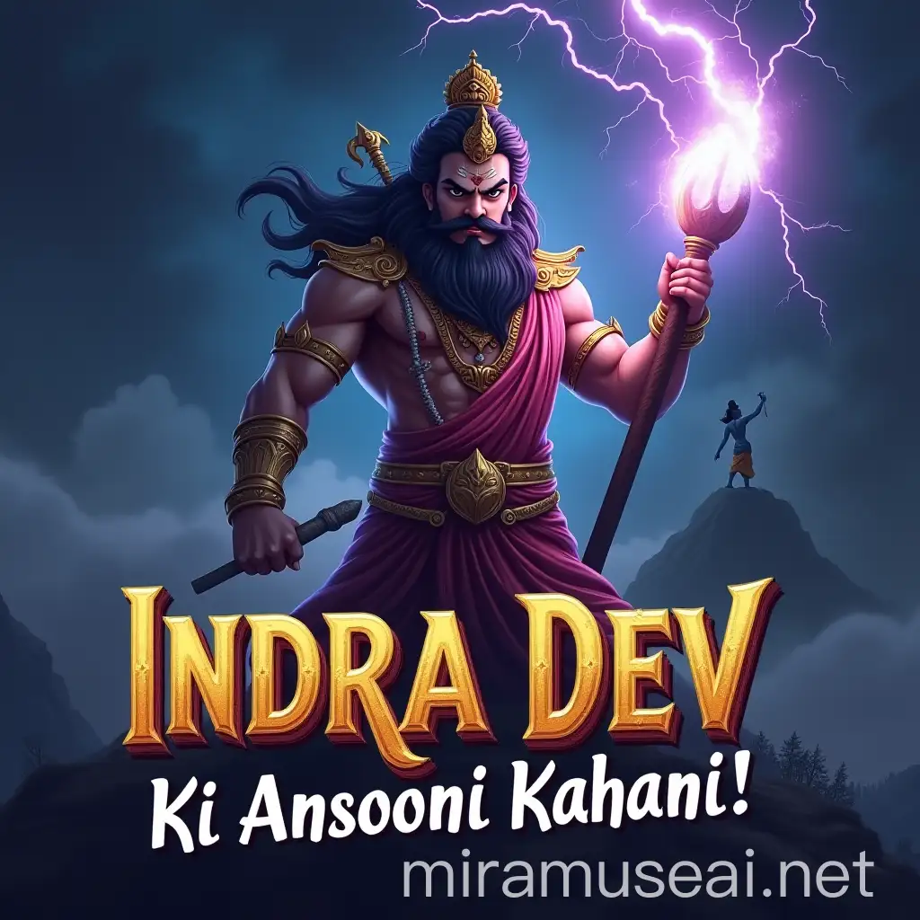 Indra Dev Holding Thunderbolt with Krishna and Lightning Sky