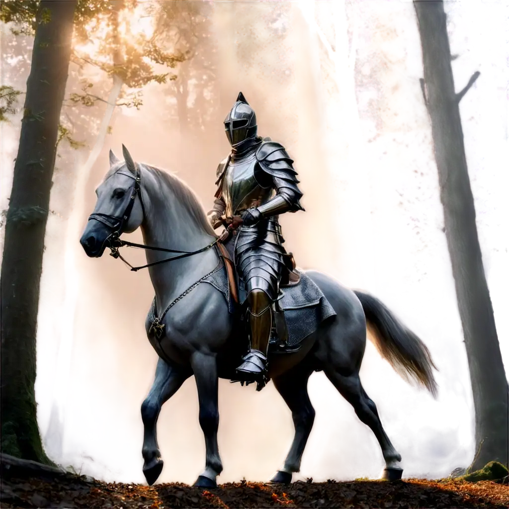 Ultra-High-Definition-PNG-Digital-Painting-Knight-in-Shimmering-Armor-on-Steed-in-Misty-Forest-at-Sunrise