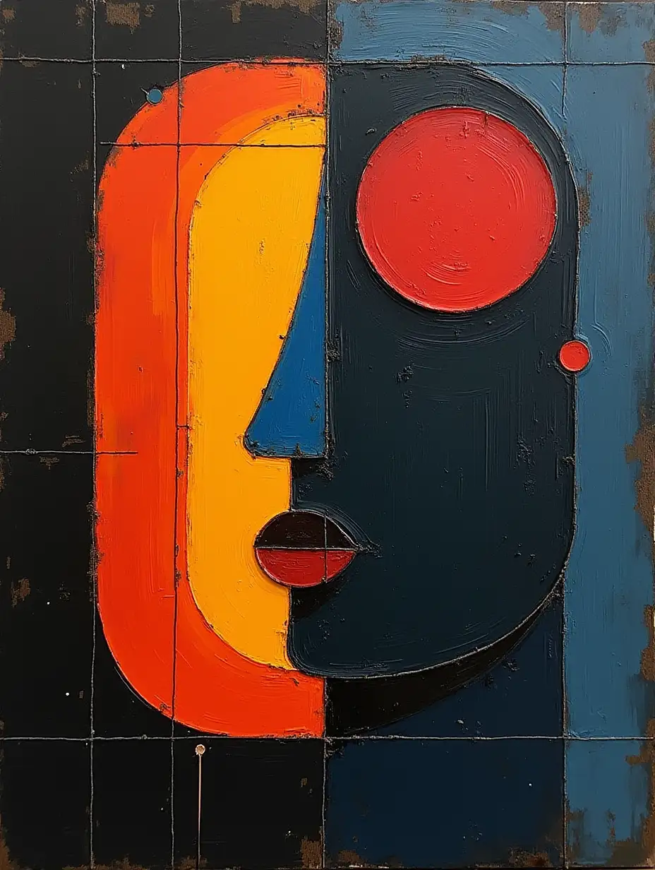 user_prompt: A picture in a grid, line, primitively schematic minimalism, face darkness in the style of Kandinsky, Malevich, minimalism, simplify for a beginner artist with acrylic many colors, constructivism abstract, rather dark