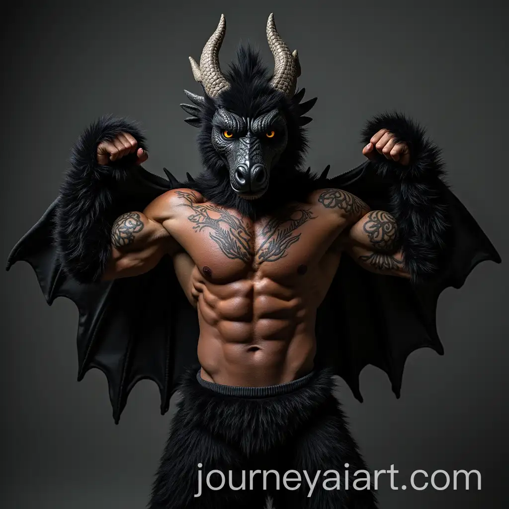 Muscular-Man-in-Black-Dragon-Furry-Costume-Flexing-Strength
